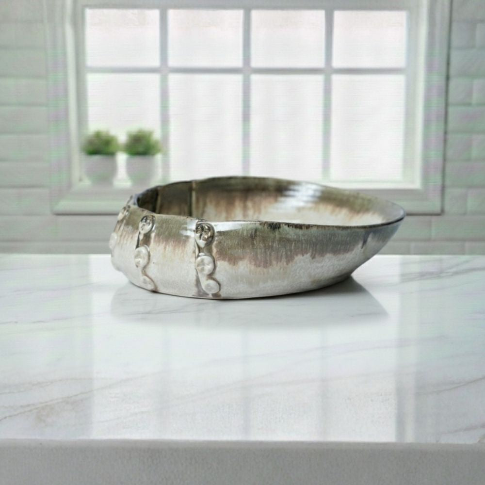 ivory oval button ceramic bowl set of 2 for serving snacks salads and desserts with elegant textured finish